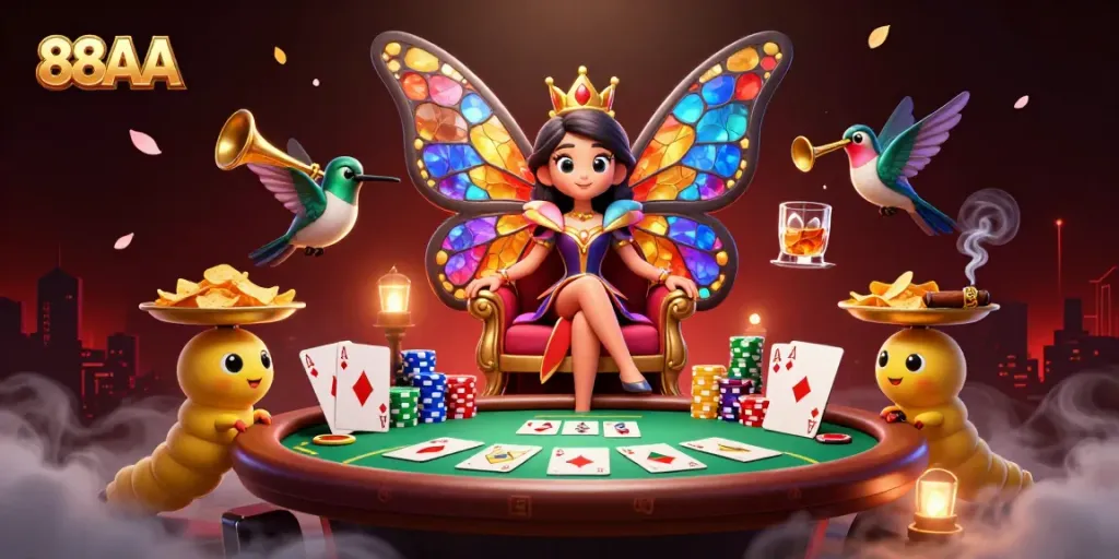 Experience the vibrant world of 88AA with a fantastical butterfly queen and high-stakes poker action.