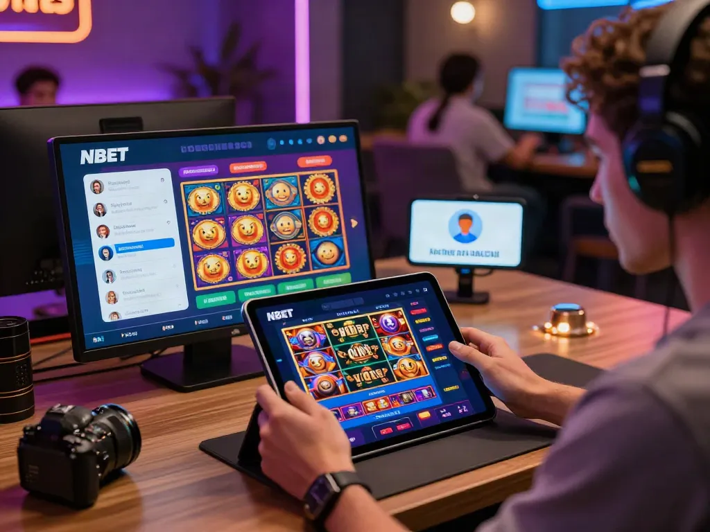 Engaged player using NBET's platform on a tablet in a vibrant gaming environment.