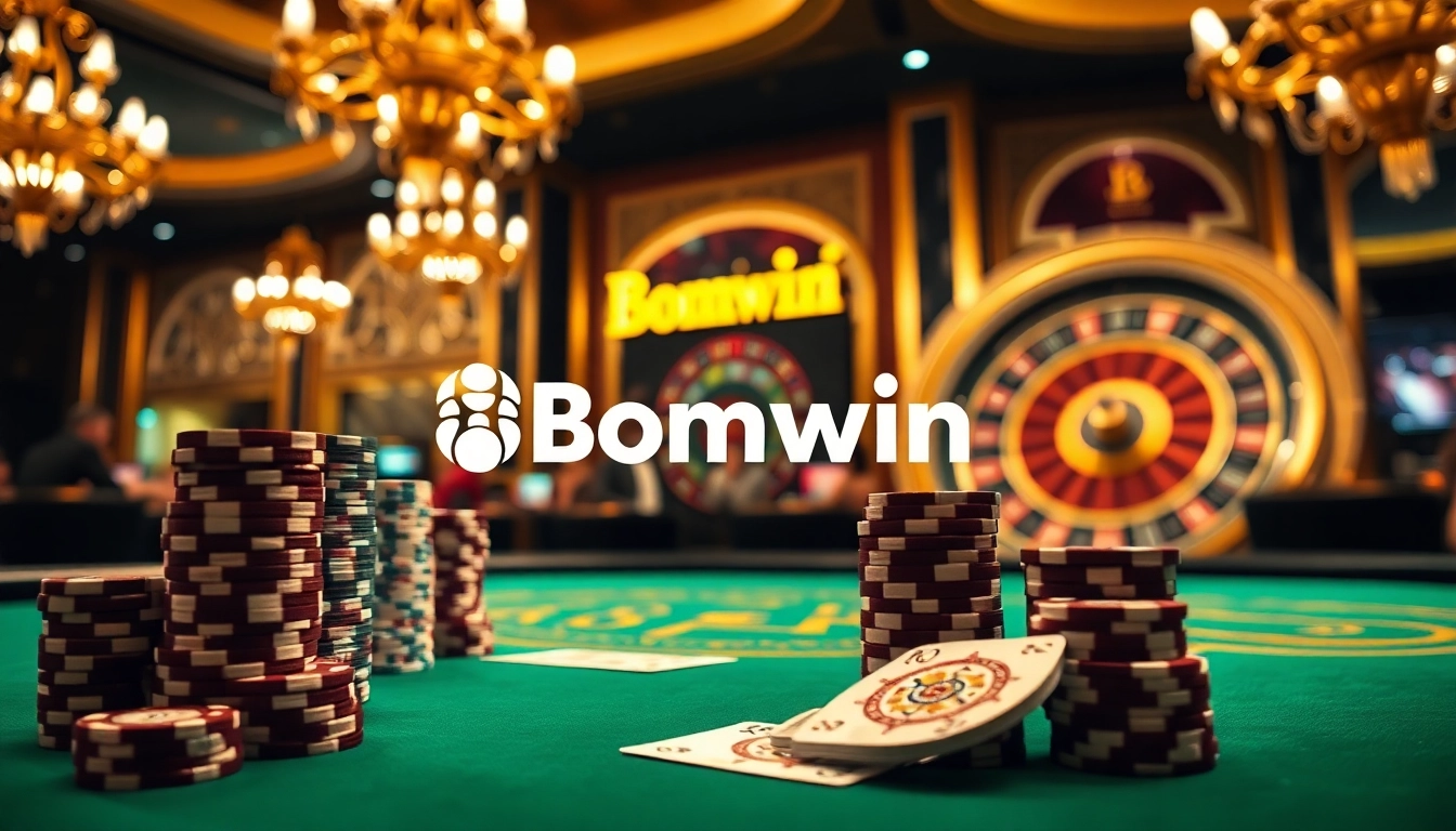 Experience the thrill of gambling at Bomwin casino with vibrant poker tables and roulette wheels.
