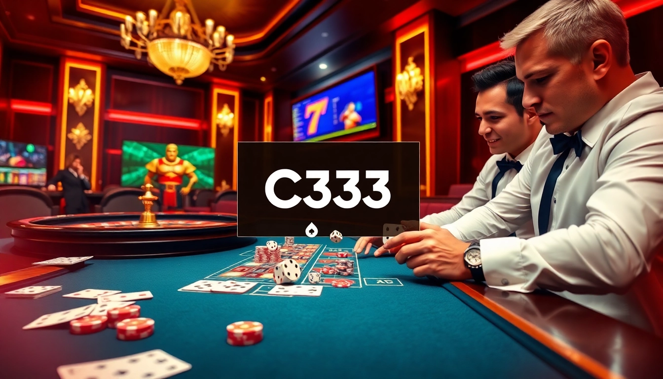 Cassino online C333 exibindo uma experiência de apostas emocionante com cartas, fichas de pôquer e roleta.