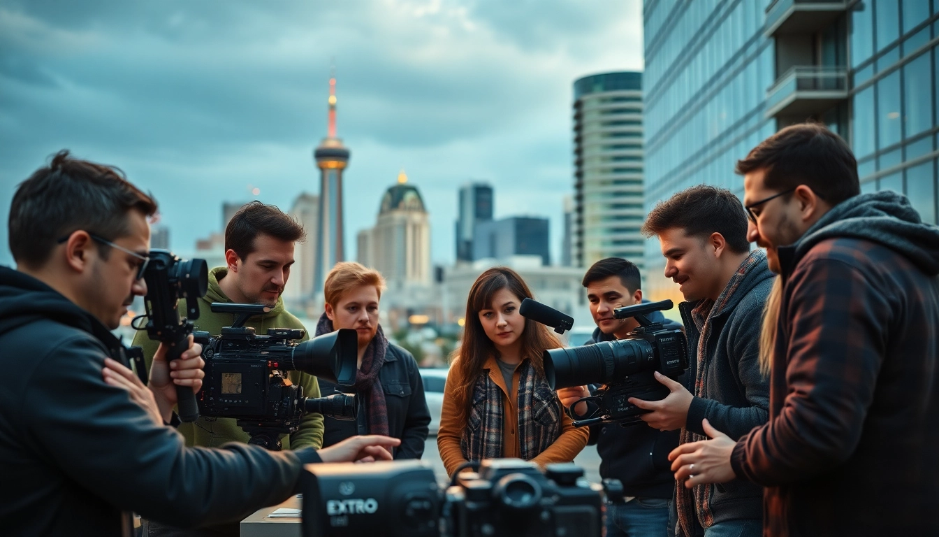 Filming scene featuring a diverse crew and Edmonton skyline, highlighting edmonton production companies.