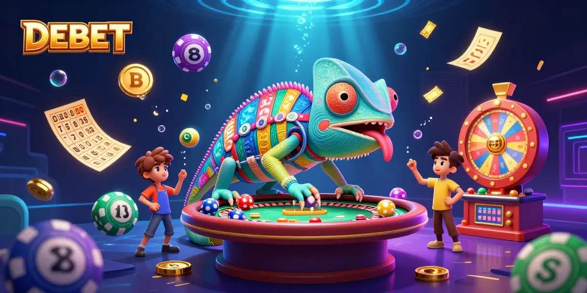 DEBET highlights dynamic casino action with a chameleon character capturing golden coins amid vibrant lottery fun.