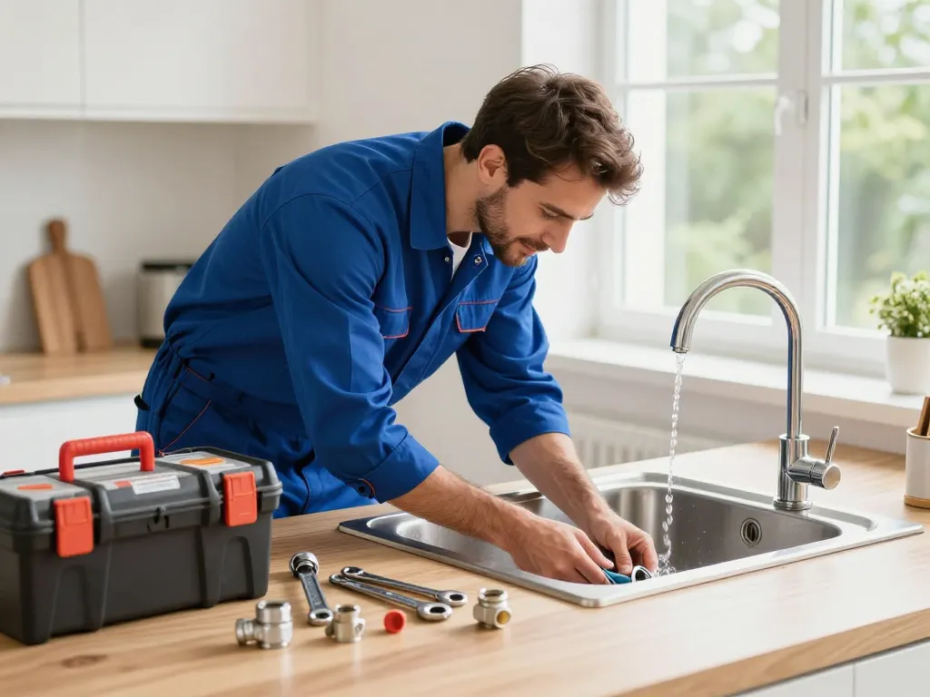 Encanador fixing a kitchen sink with tools in a bright home setting.