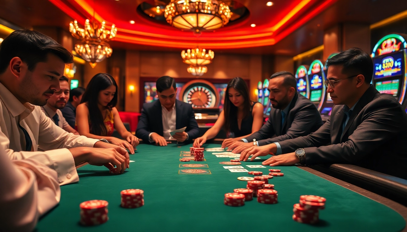 A thrilling poker game scene at Hi88, showcasing professional players and vibrant casino elements.