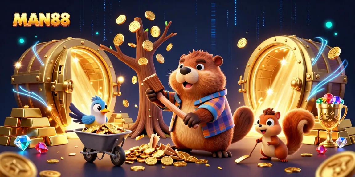 Experience MAN88's vibrant casino adventure with cartoon characters surrounded by treasures and gaming excitement.