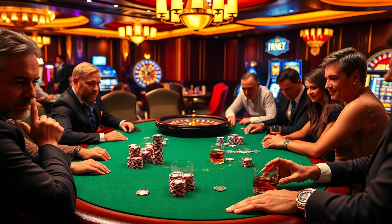 Experience the excitement of rikbet at a luxurious poker table in a vibrant casino setting.