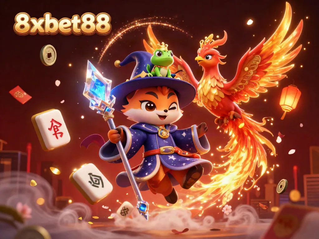 Experience thrilling gameplay with 8xbet88, featuring an enchanting 3D scene of a wizard fox and phoenix in a dynamic gambling setting.