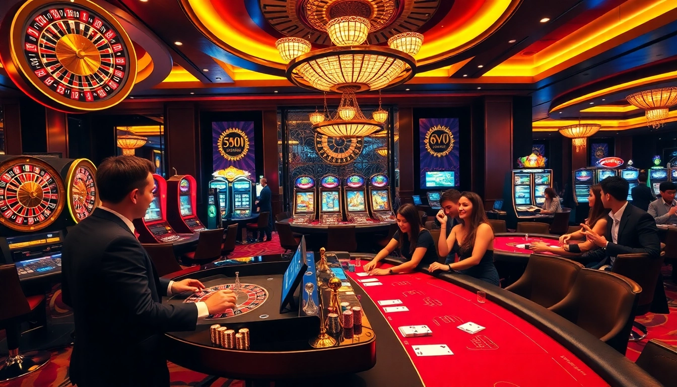 Experience excitement at nhà cái oxbet with vibrant casino tables and celebratory gamblers.