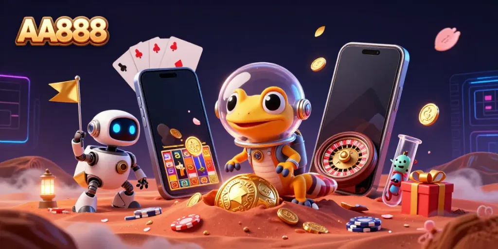 Spin slot games and win at AA888, where a Martian gecko joins a golden casino adventure.