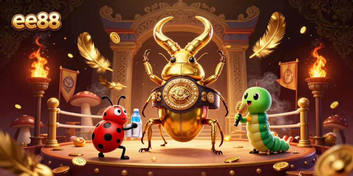 Experience thrilling action at ee88 with a giant champion beetle and colorful characters in a vibrant casino arena.