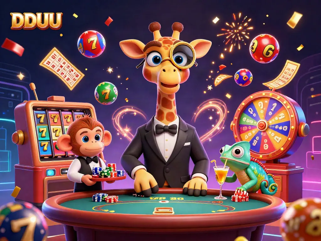 Engage with DDUU at a vibrant casino scene featuring a high-roller giraffe and playful characters.