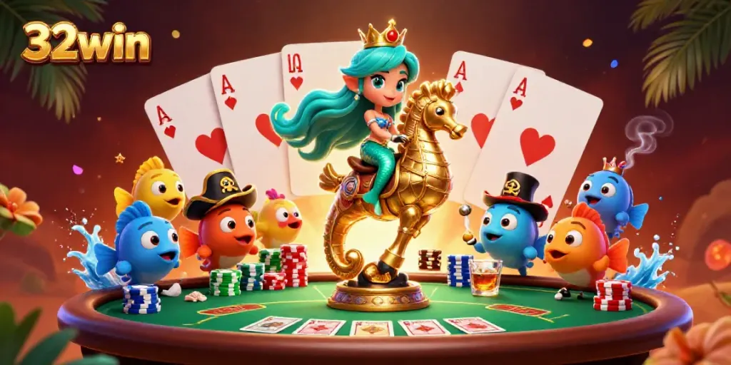 Immerse in the vibrant 32win casino fantasy with a mermaid princess and poker elements.