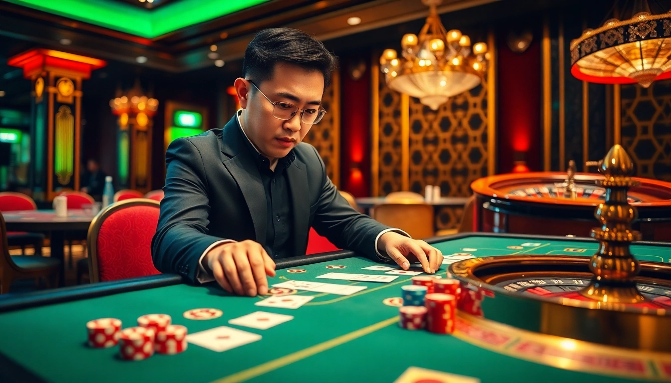 Taking part in a thrilling Tải xỉu sunwin game at a luxurious casino table with vibrant betting chips.