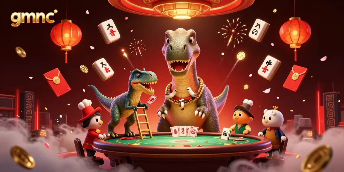 Experience thrilling gaming at gmnc with a giant brontosaurus overseeing a vibrant casino scene.