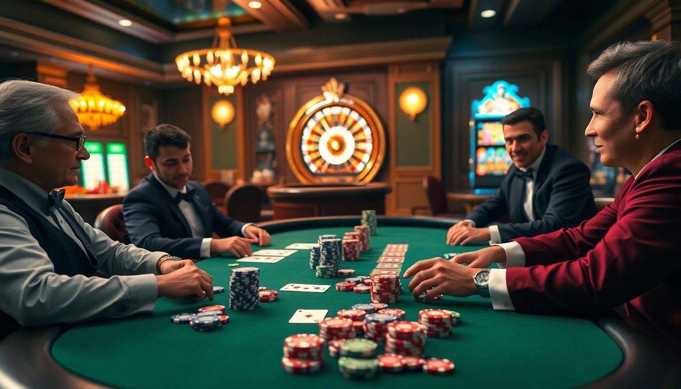 Jogador vencedor comemora em uma mesa de pôquer luxuosa de cassino com fichas 69T vibrantes e cartas.