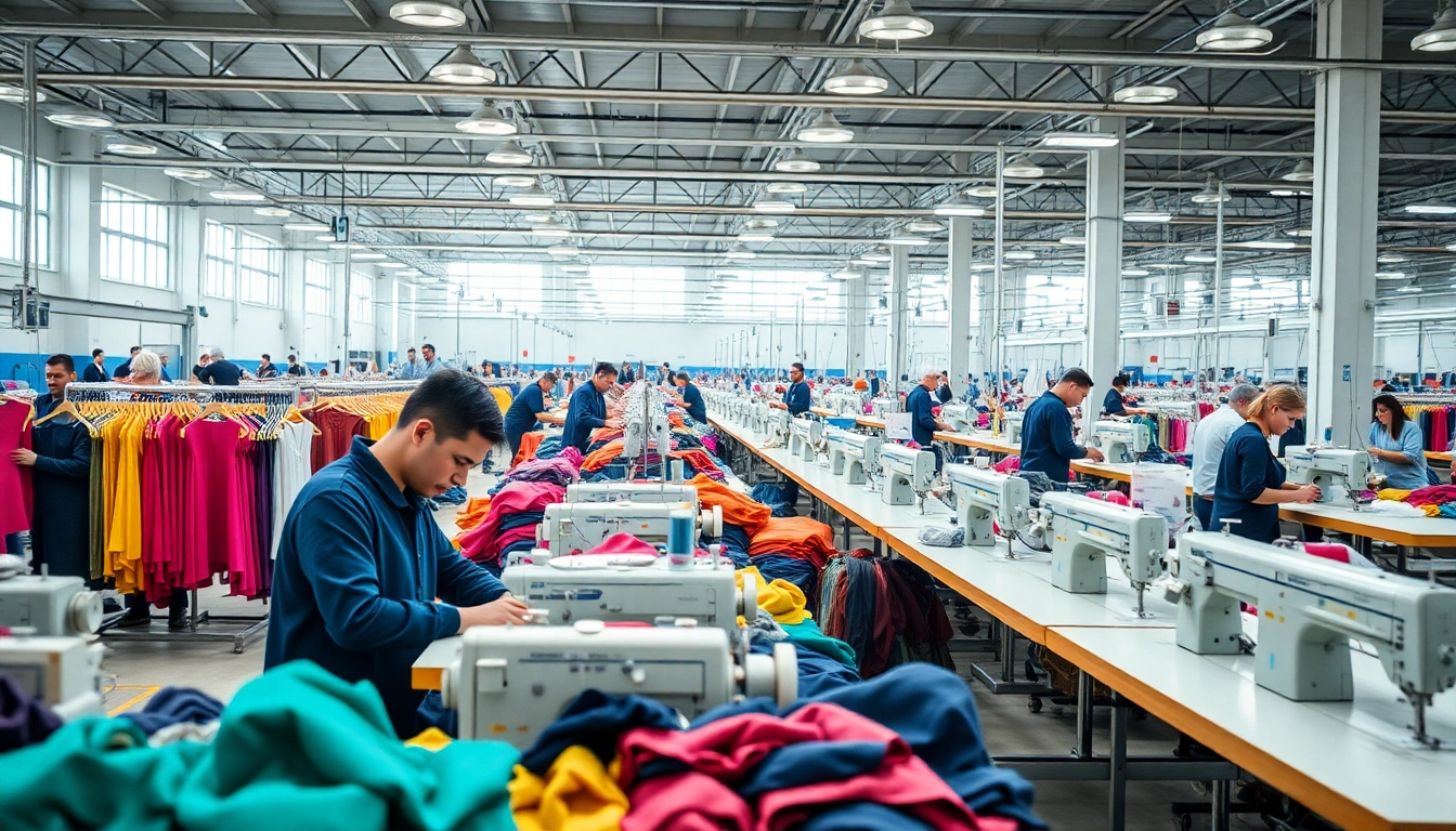 Clothing Manufacturers in China working collaboratively in a vibrant factory setting.
