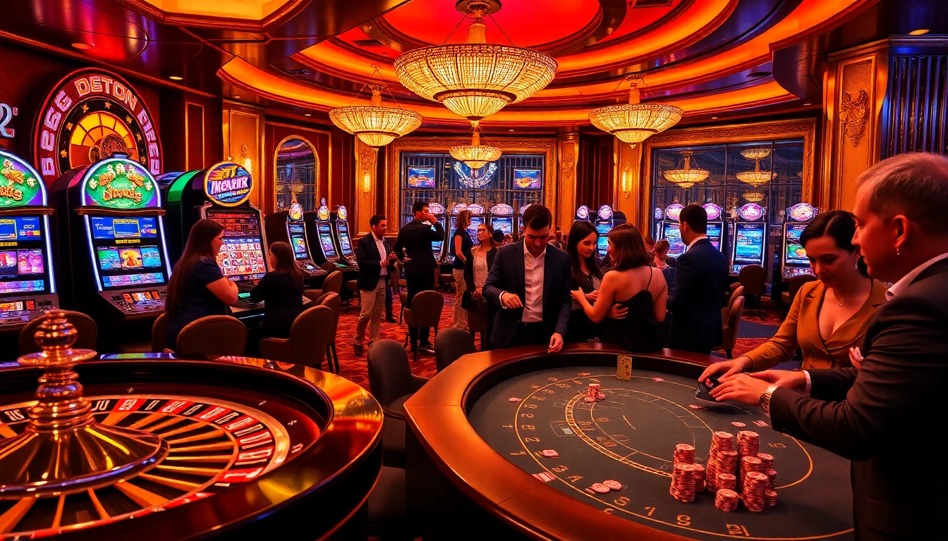 Experience the excitement of lc 88 in a bustling casino featuring players at tables and glowing slot machines.