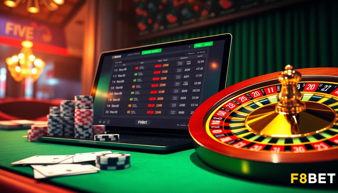 Engaging online gaming experience at F8BET with colorful casino elements like poker chips and roulette.