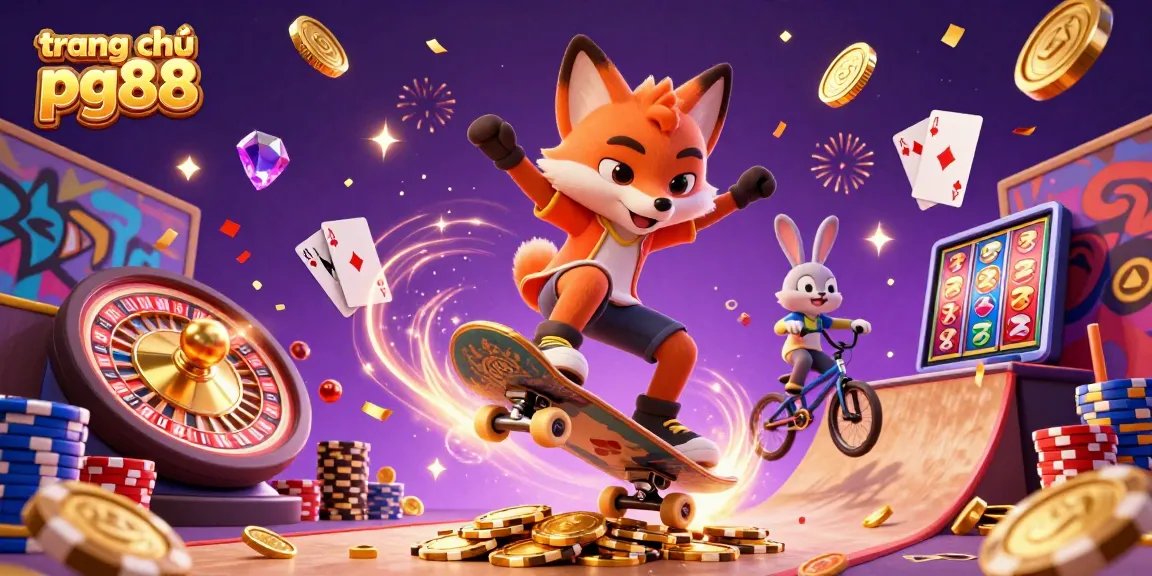 Experience excitement at trang chủ pg88, showcasing a vibrant casino-themed 3D scene with colorful characters and gambling elements like poker chips and slot machines.