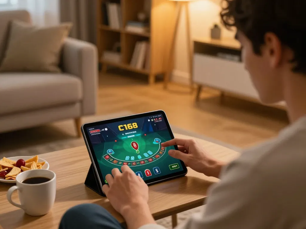 C168 online gaming session with user focused on blackjack tablet interface in cozy home