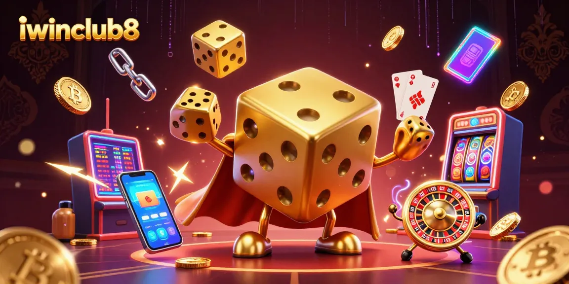 Join the fun at iwinclub8 with dynamic casino action featuring golden dice, Bitcoin, and slot machines.