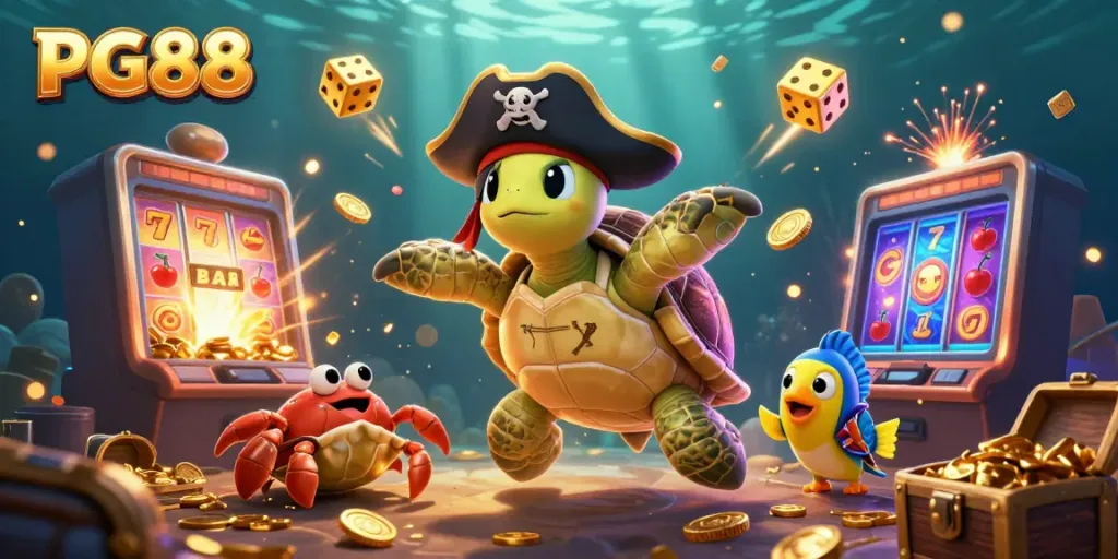 Experience thrilling gameplay at PG88 with a vibrant 3D illustration featuring a pirate turtle, hermit crab, and slot machine.