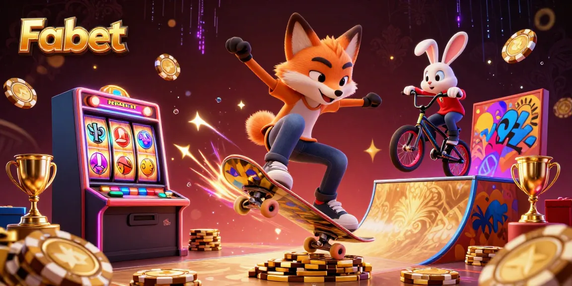 Experience the thrill of Fabet with casino-themed action featuring a skateboarding fox and BMX rabbit.