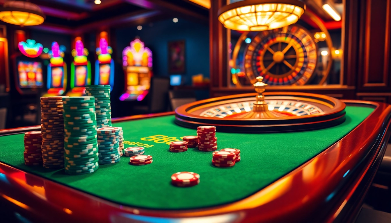 A vibrant Hi88 casino gaming table filled with poker chips and a roulette wheel in a luxurious setting.