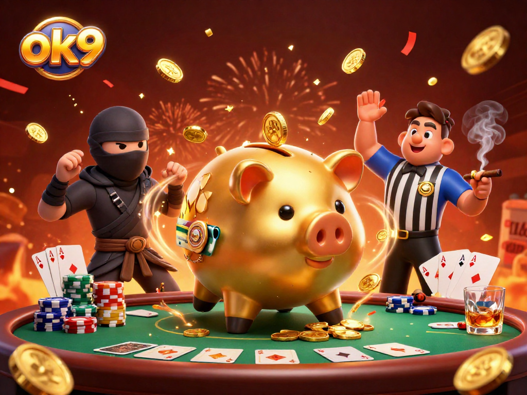 Engage in thrilling gaming action at ok9 with a vibrant scene of casino fun featuring characters and poker elements.