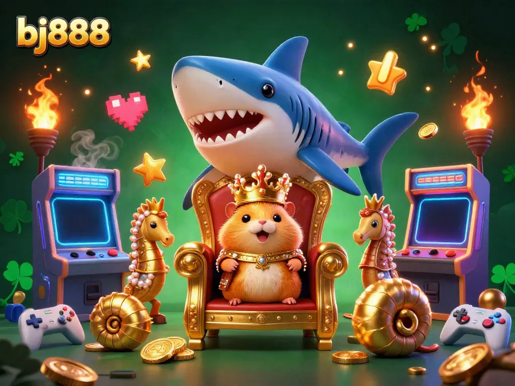 Experience thrilling adventures with bj888 at a captivating casino featuring a golden hamster king and vibrant gaming elements.