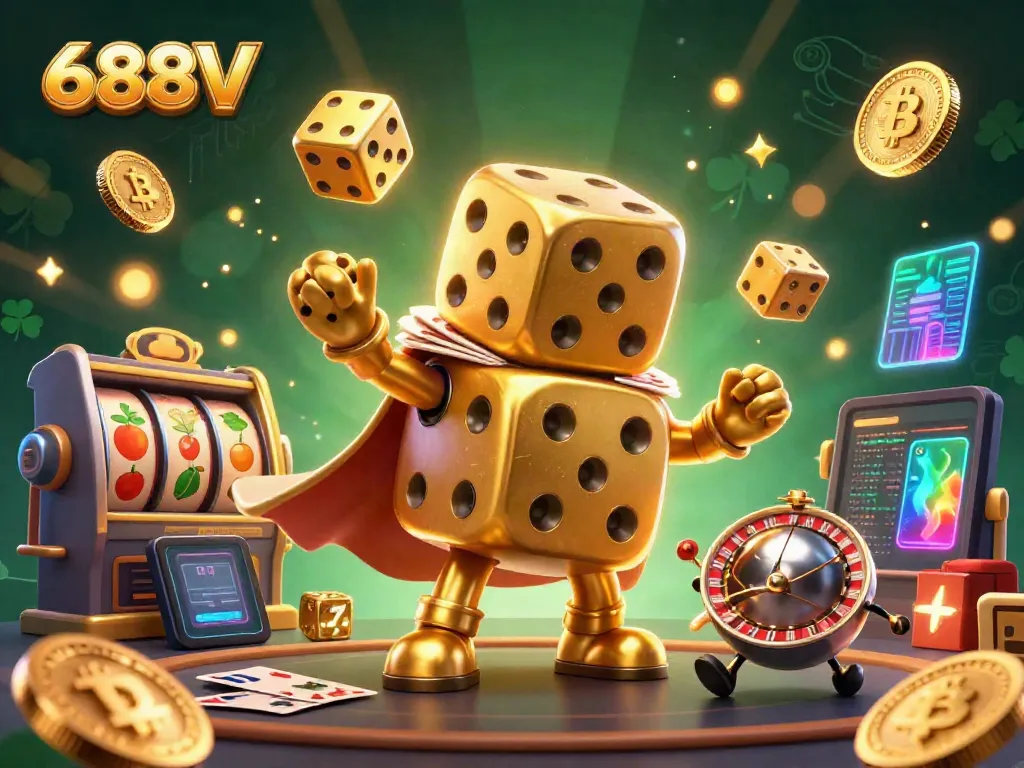 Experience thrilling gambling adventures with the 688V dice golem juggling golden dice and vibrant game elements.