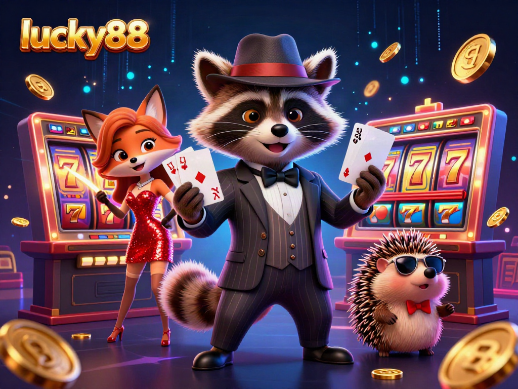 Experience the thrill of lucky88 with suave raccoon and fox in a vibrant casino scene.