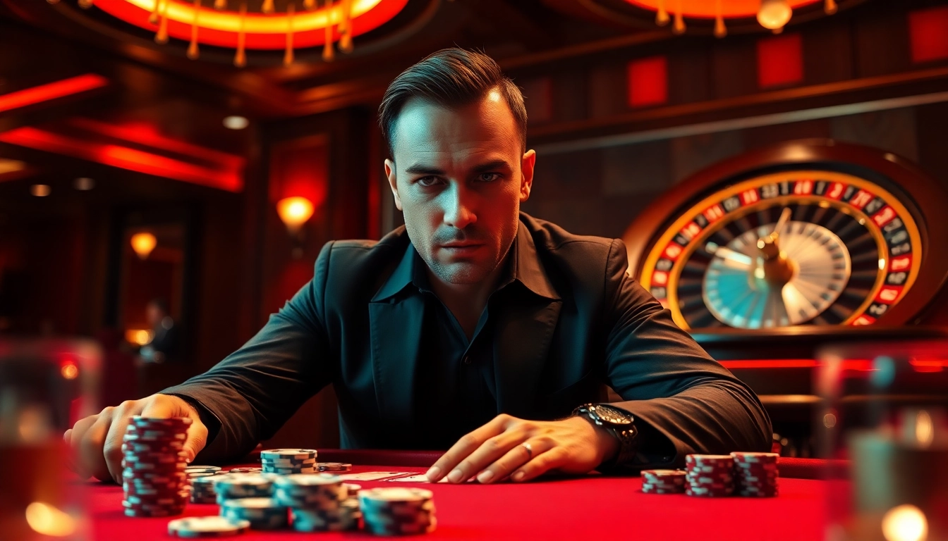 Experience the thrill of high-stakes poker at 28BET with a focused gambler and luxurious casino elements.