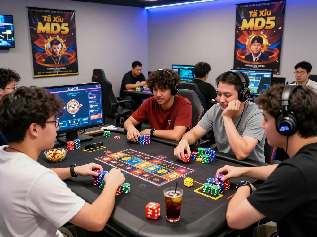 Players enjoying a thrilling game of tài xỉu md5 surrounded by modern gaming technology.