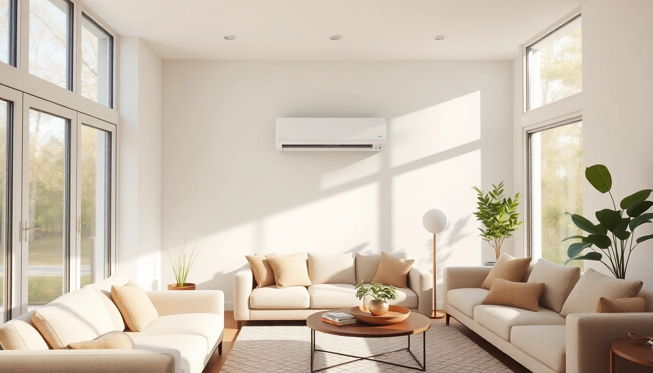 Install a mini split AC unit in a stylish and modern living room setup, showcasing elegance and comfort.