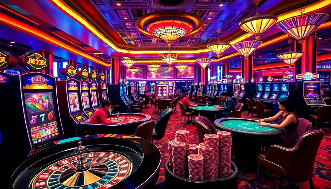 Players enjoying vibrant online gaming at NK88 casino with roulette and slot machines