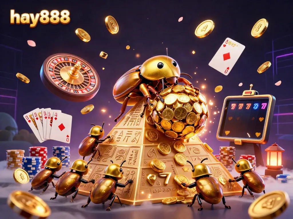 Experience the thrilling gameplay with hay888, featuring a golden beetle rolling coins, a spinning roulette wheel, and dynamic casino elements.