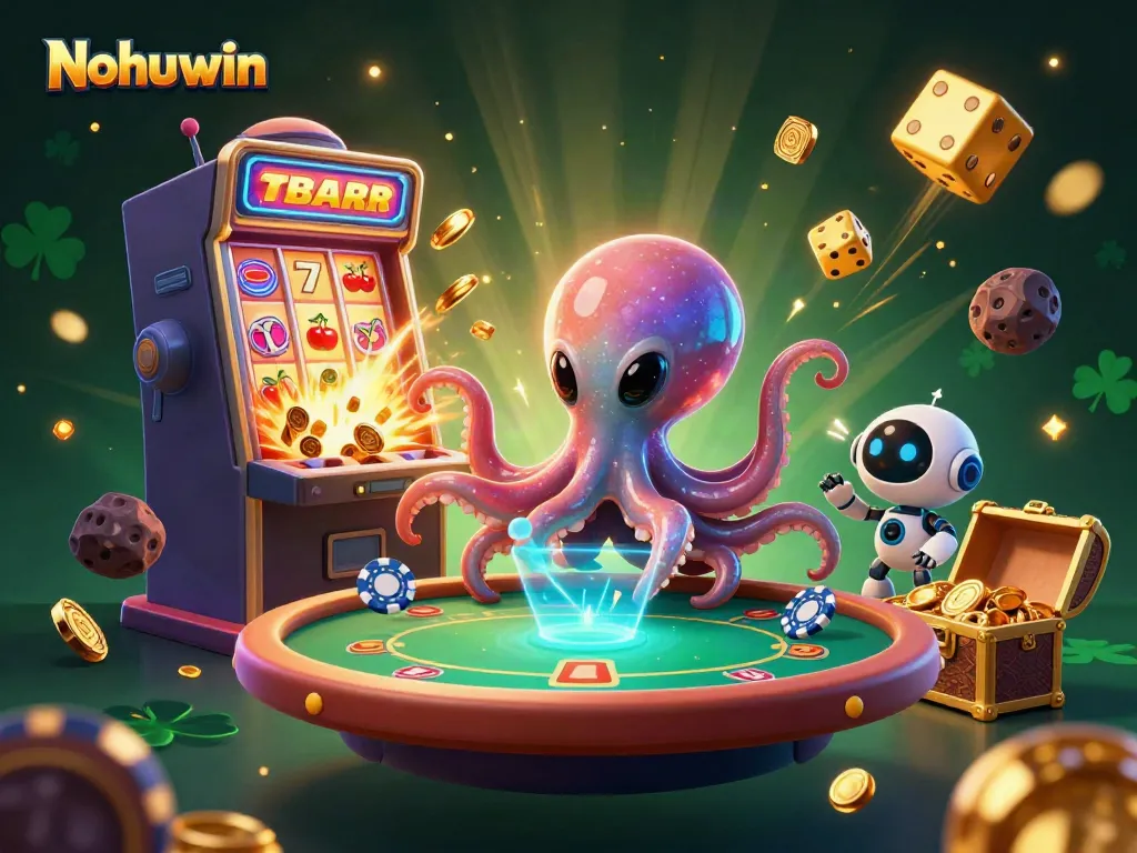 Nohuwin showcases a 3D alien octopus at a holographic poker table surrounded by vibrant casino elements.