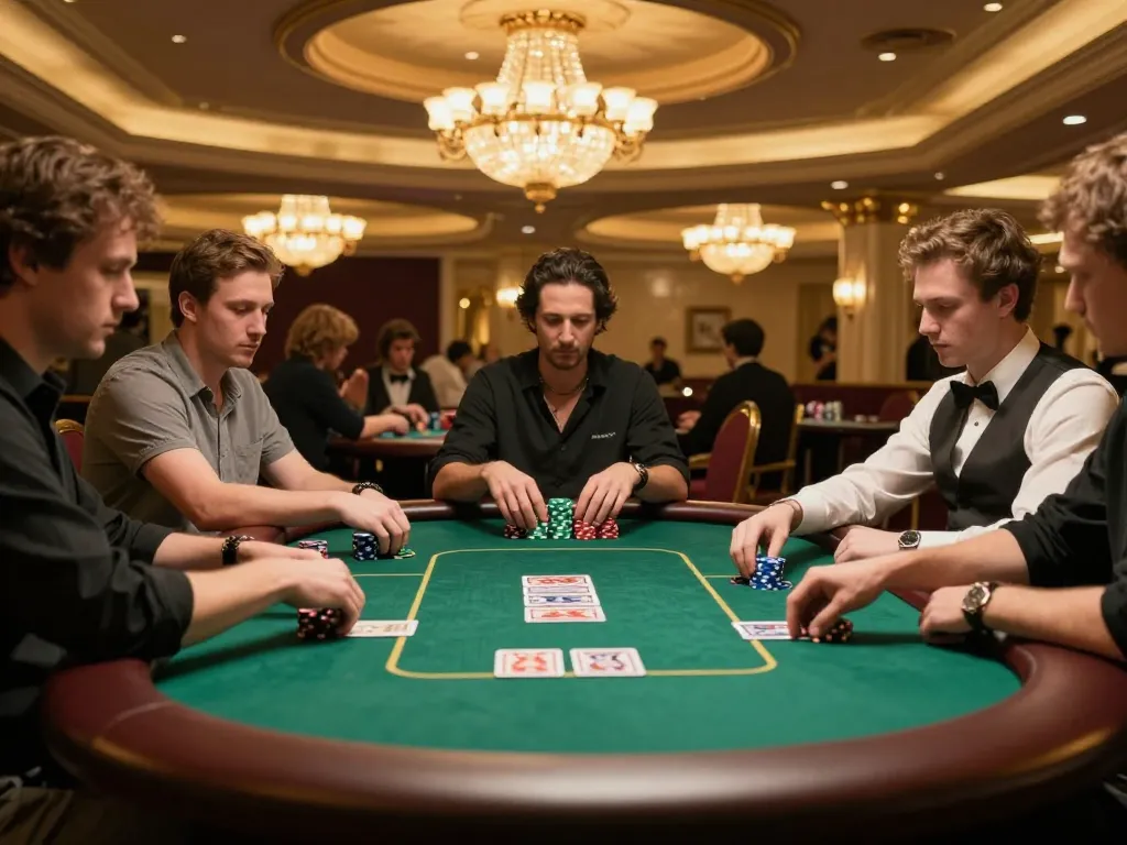 Players strategizing at a poker table in a luxury x333 casino, showcasing excitement and atmosphere.