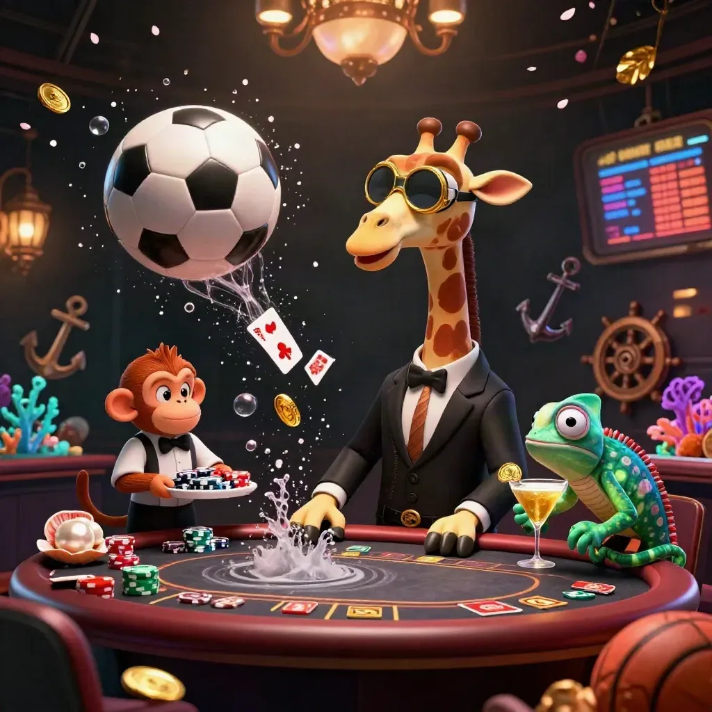 Girafa, macaco e camaleão num cassino VIP, com bola, moedas e cartas voando em luz dourada.