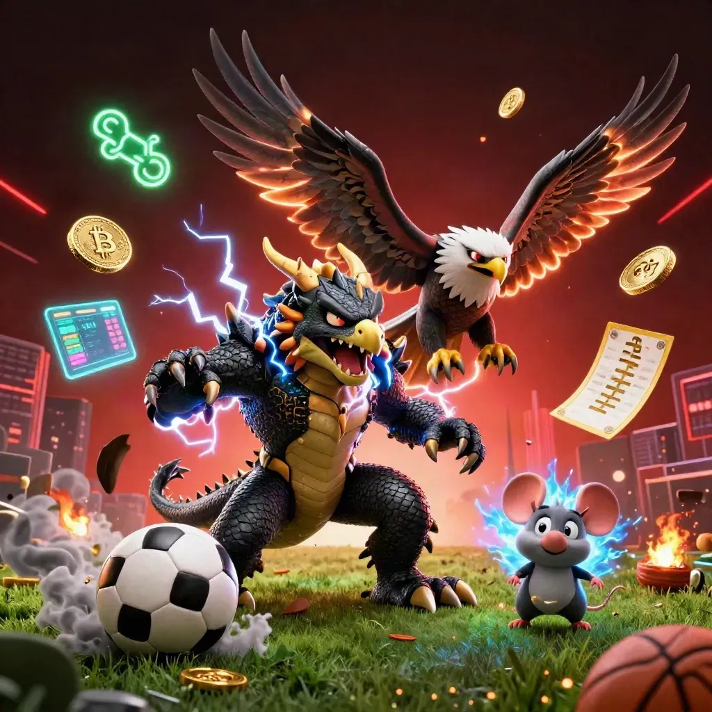 Dragão elétrico, falcão e rato com moedas cripto, bola e efeitos neon em fundo escuro.