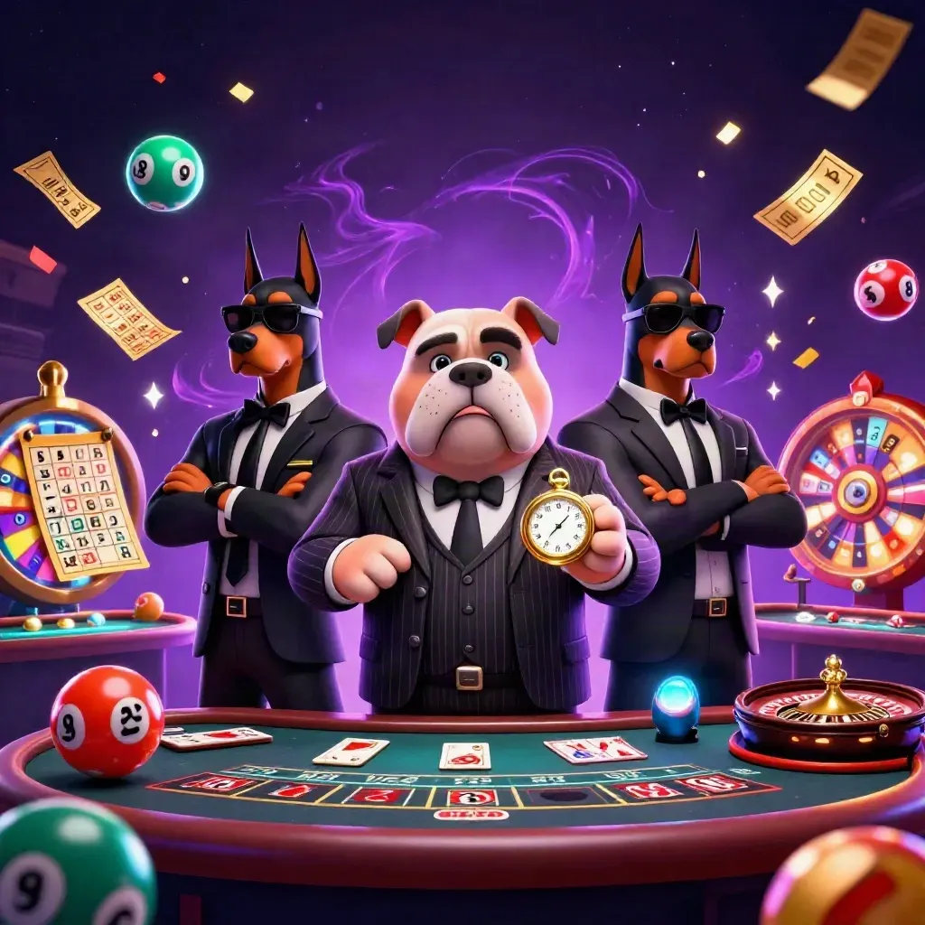 Bulldog mafioso com dois dobermans, luzes de cassino, bolas, roleta e confetes em cena vibrante.