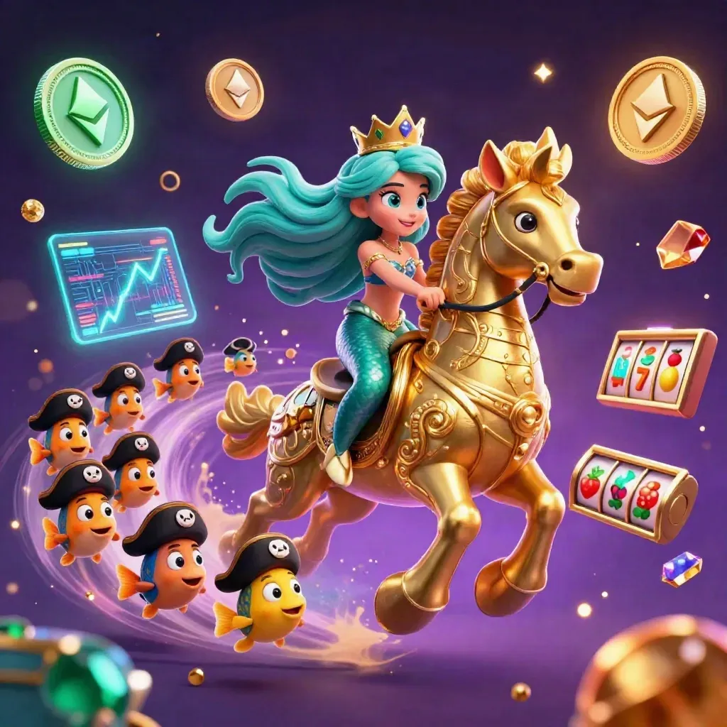 Sereia turquesa em cavalo-marinho dourado, peixes piratas, moedas neon e brilho mágico.