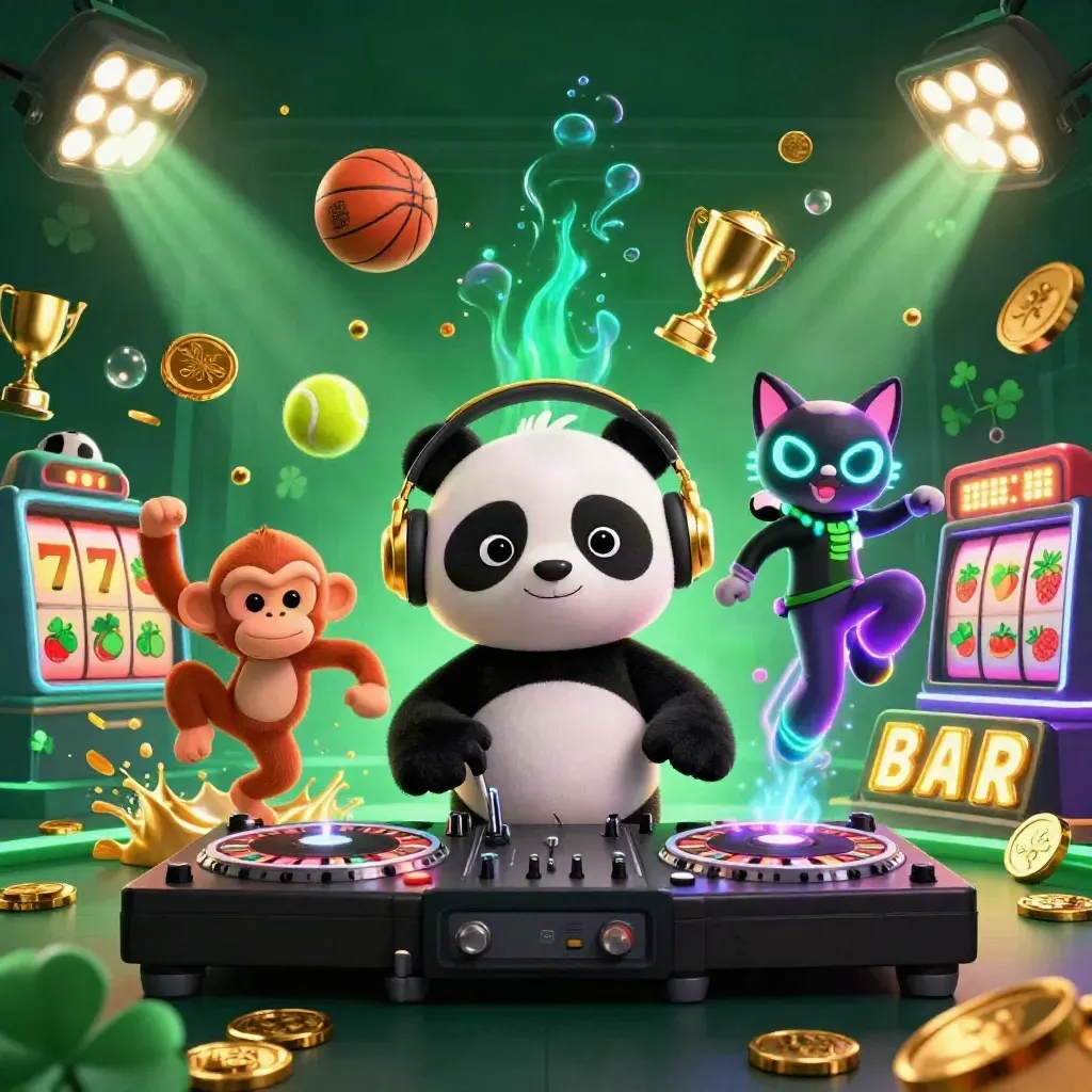 Panda DJ, macaco dançante e gatinho neon em cena de cassino vibrante.