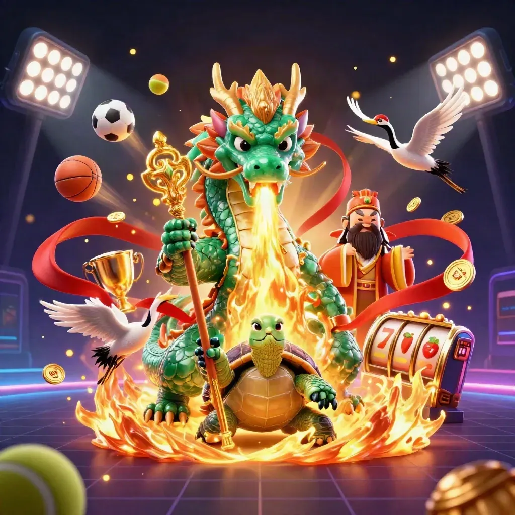 Dragão de jade, tartaruga sábia e garças em cassino neon com troféu e moedas.