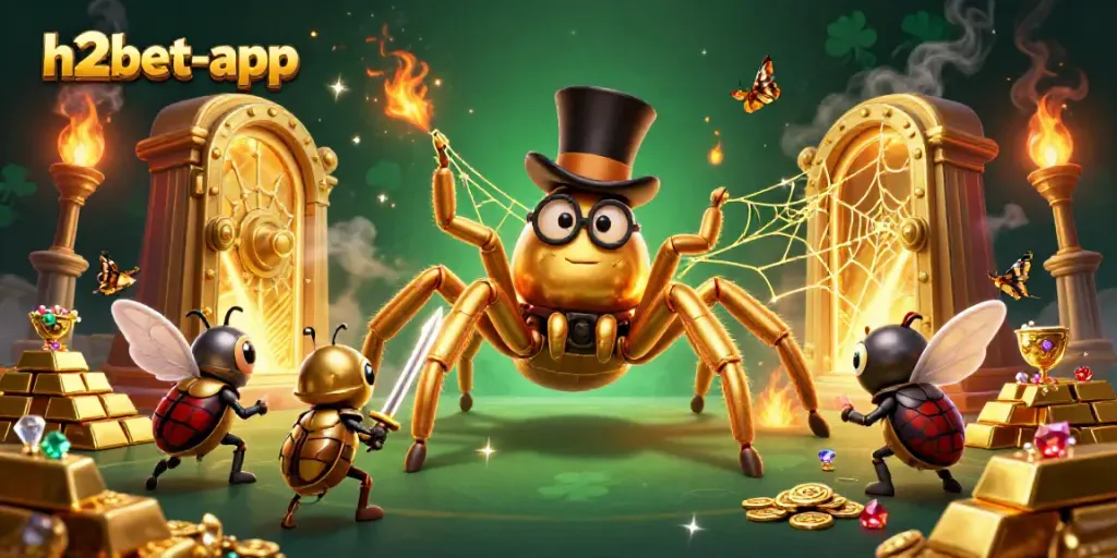 Join the h2bet-app adventure with a golden tarantula and beetle knight in a vibrant casino scene.