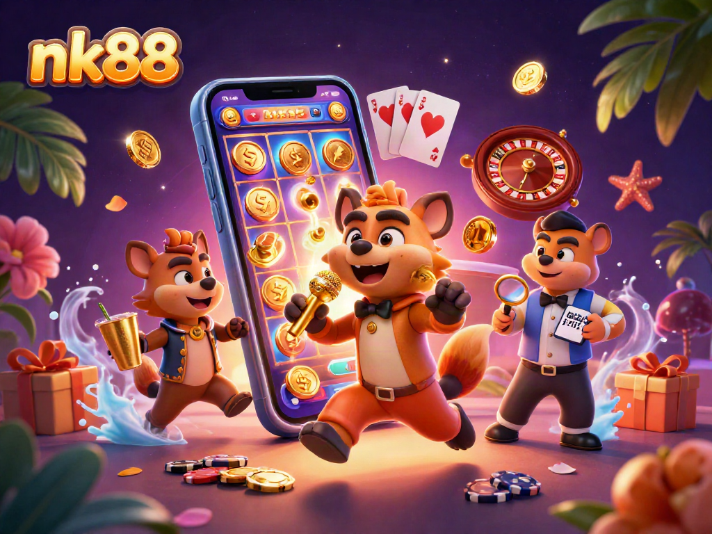 Engage in winning strategies at nk88 with lively 3D hyenas in a colorful casino scene.