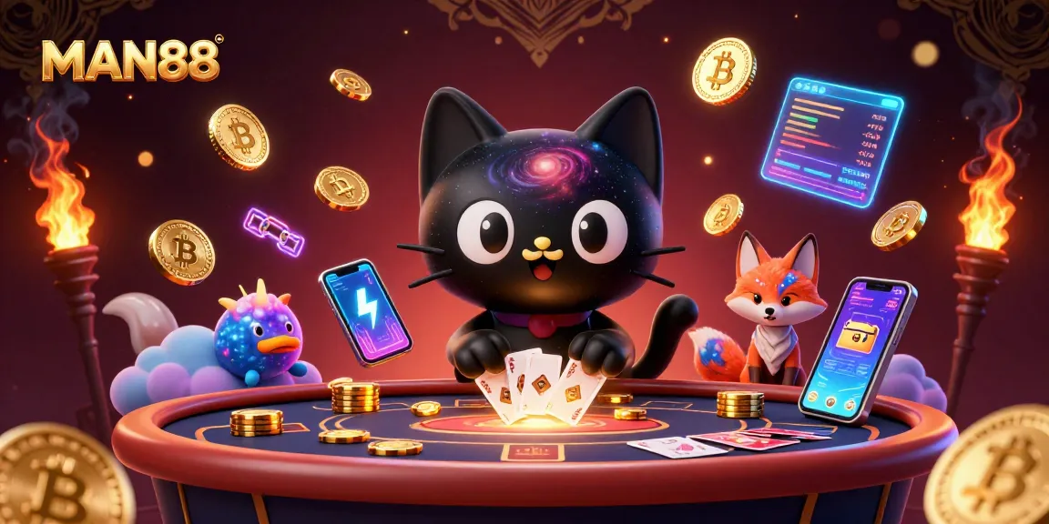 Experience MAN88's captivating online casino magic with a cosmic cat at a gaming table.