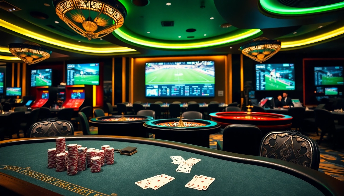 Apostas Esportivas Brasil apresentada em um cassino luxuoso com apostas esportivas ao vivo e mesas de pôquer.