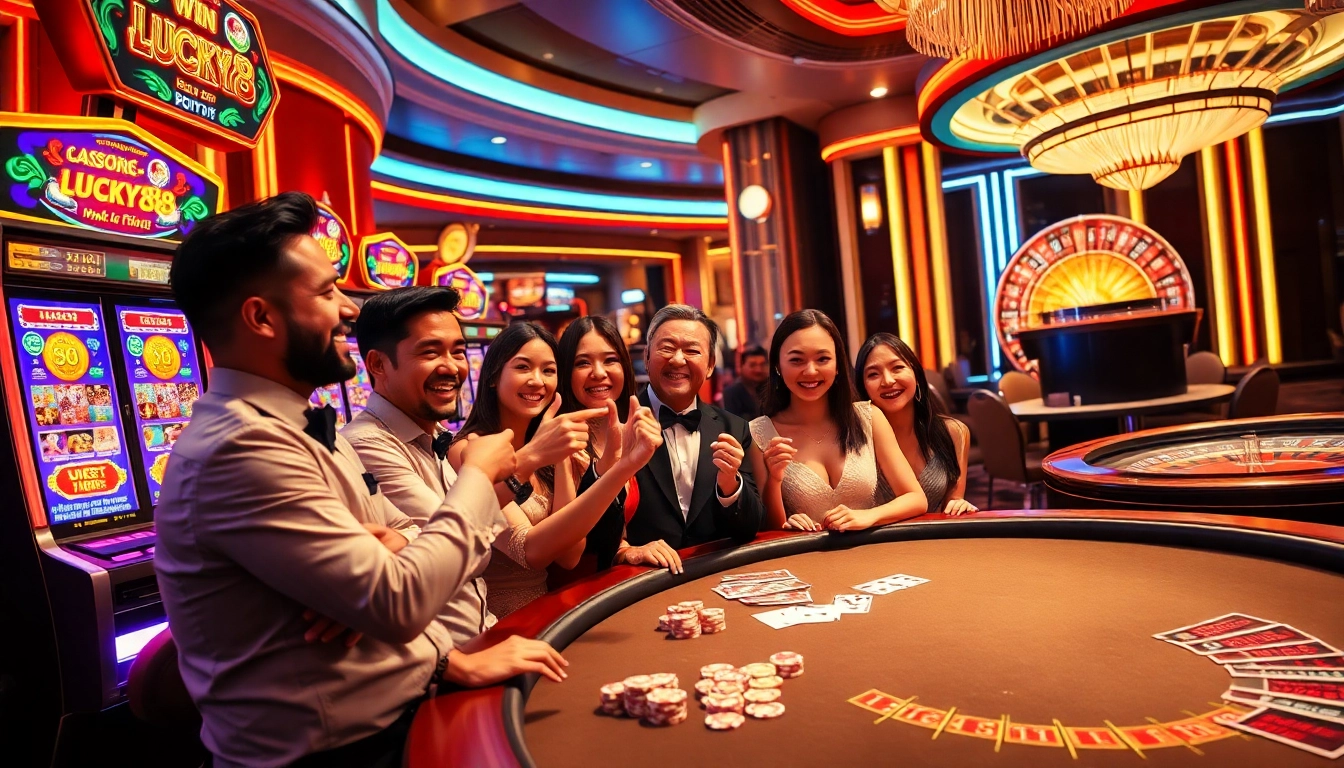 Players celebrate a win at the Lucky88 slot machine in an upscale casino filled with vibrant lights and poker tables.